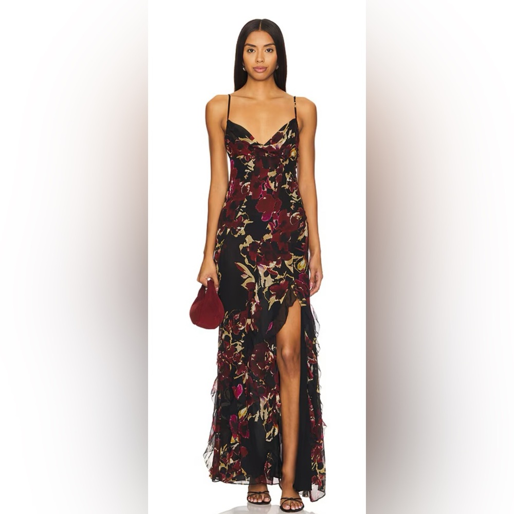 $695 NICHOLAS Kamila Ruffle Cowl Gown in Water Color Floral size US 6